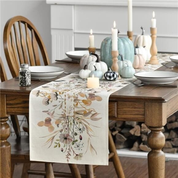 Wildflower Leaves Floral Fall Table Runner, Autumn Thanksgiving 13x72 Inch - Picture 3 of 7